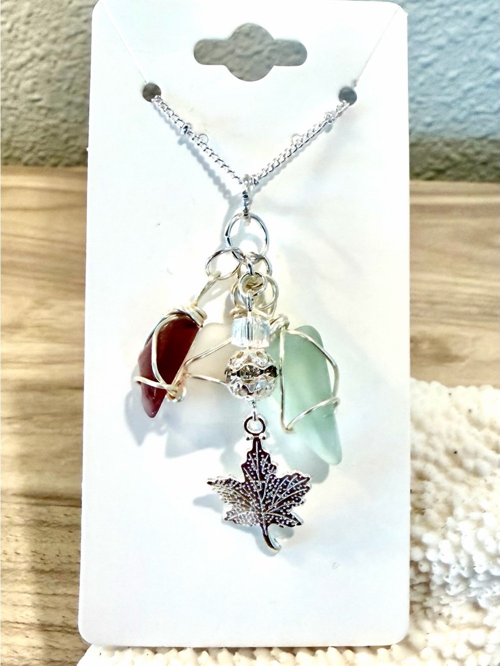 84. Silver Maple Leaf Charm Necklace with burgundy and Seafoam Sea Glass
